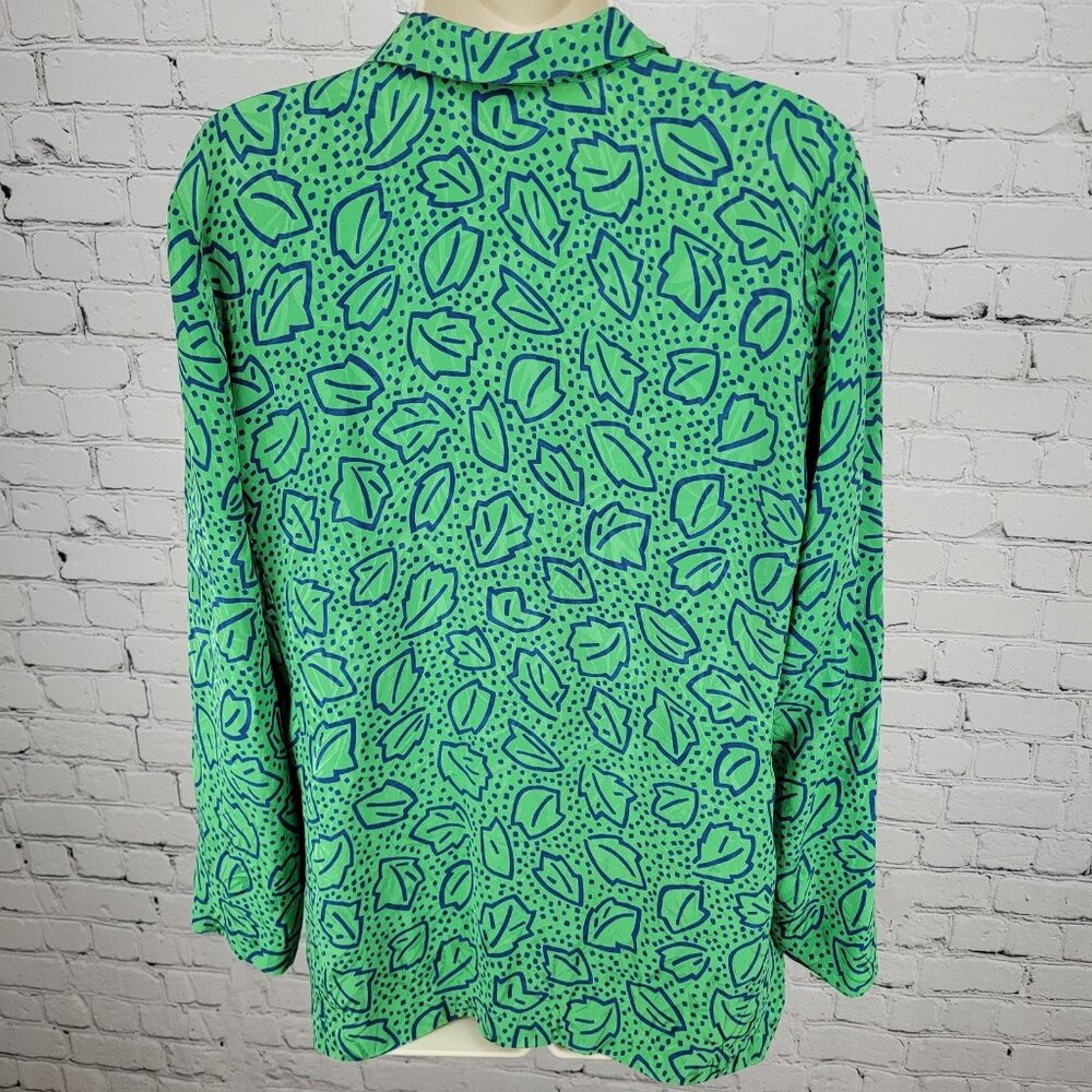 VTG Liz Claiborne Green 100% Silk Leaf Print Unlined Lightweight Jacket Size MP - Picture 2 of 13